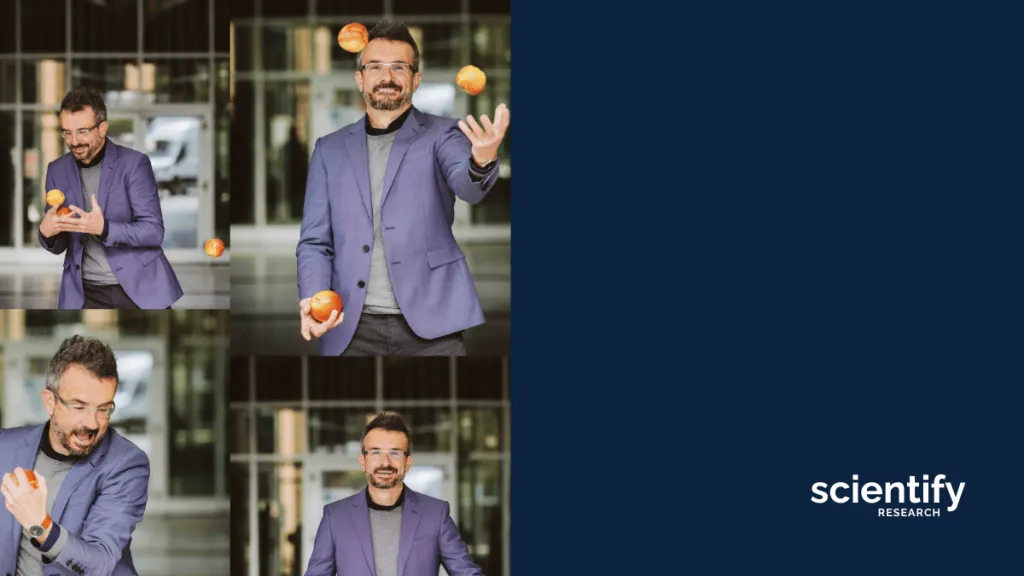 Prof. Daniel Mertens - 4 images of a man in a blue jacket juggling apples.