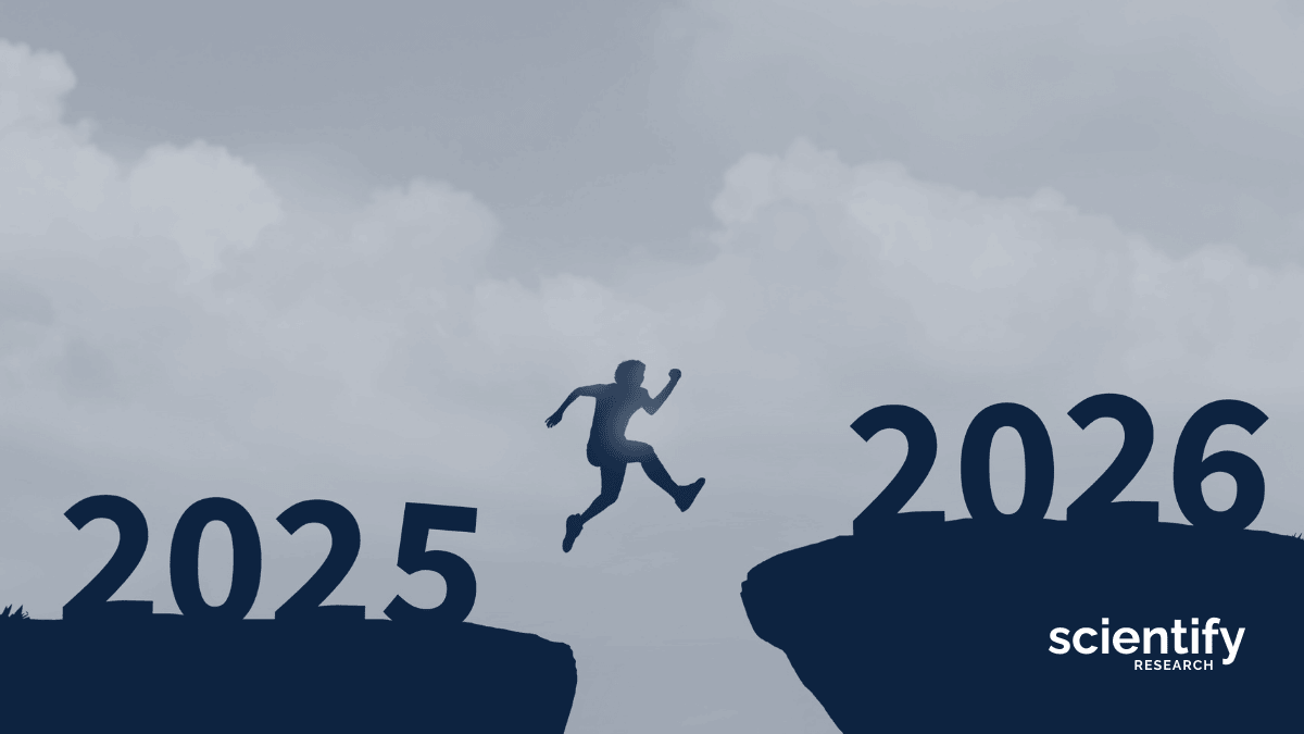 Silhouette figure jumping from a cliff labeled 2025 to one labeled 2026.