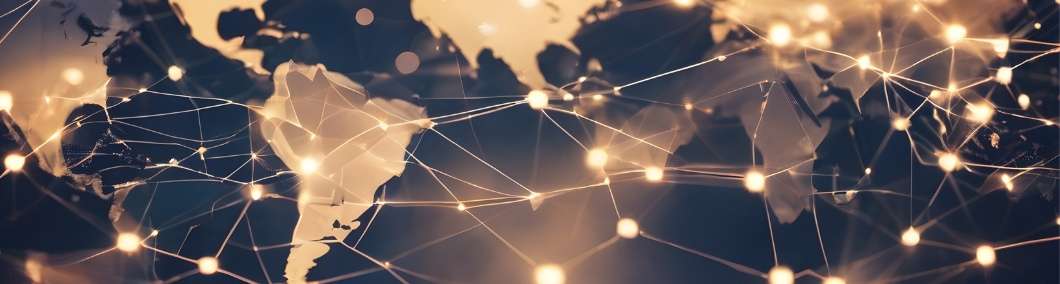 Stylized world map with glowing connection nodes and lines, representing global research collaboration, funding networks, and international partnerships. Global Market Exploration for Research Innovations